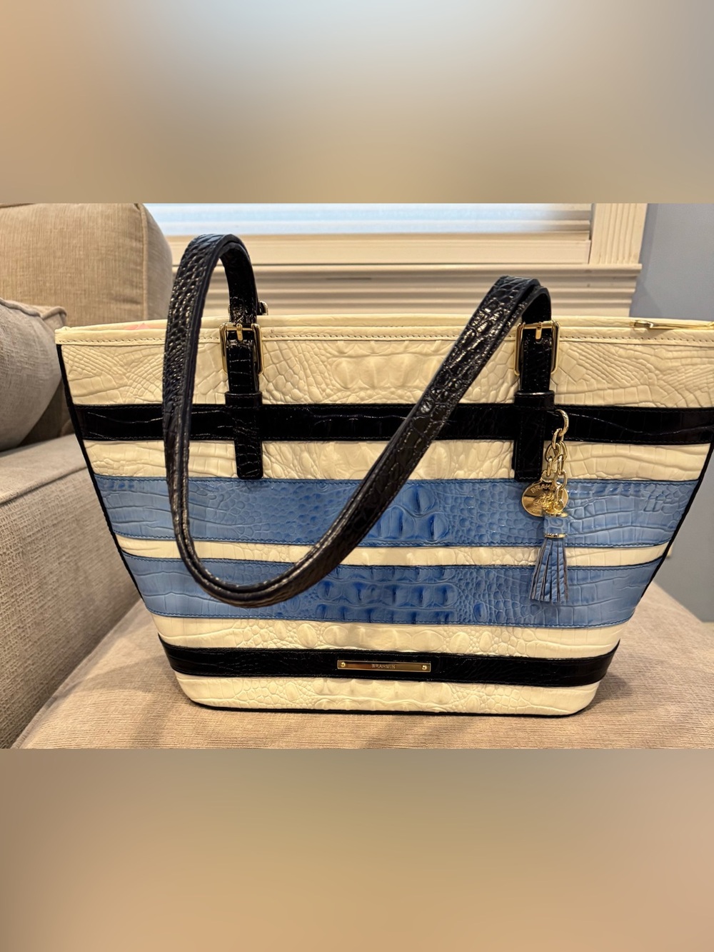 Brahmin Asher Striped  Tote Bag in Blue, White  & Black -